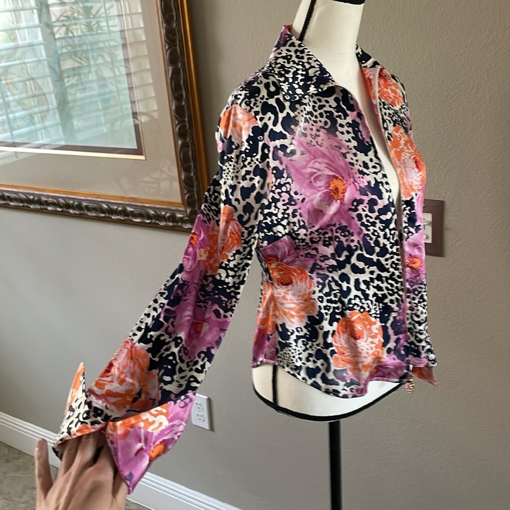 ST. JOHN silk floral leopard print blouse roses peony - Picture 17 of 17